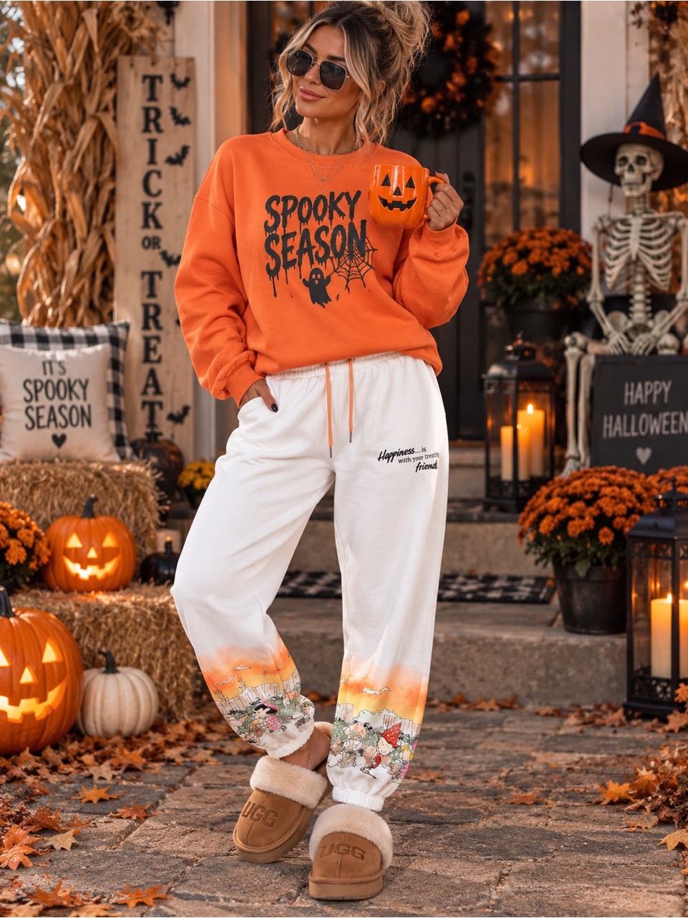 Peanuts Halloween White Gradient Floral Cuffed Joggers